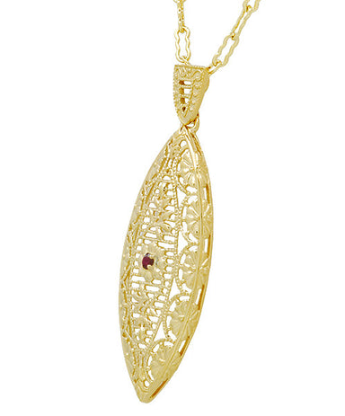 Art Deco Dangling Leaf Filigree Ruby Necklace in Yellow Gold Over Sterling Silver - alternate view