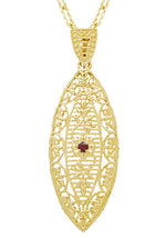 Art Deco Dangling Leaf Filigree Ruby Necklace in Yellow Gold Over Sterling Silver