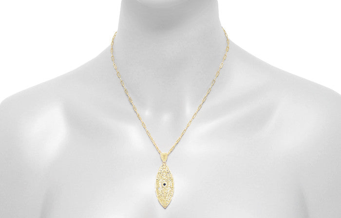 1920's Blue Sapphire Filigree Leaf Pendant Necklace in Yellow Gold Vermeil Over Sterling Silver - Item: N171YS - Image: 4