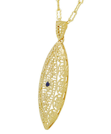 1920's Blue Sapphire Filigree Leaf Pendant Necklace in Yellow Gold Vermeil Over Sterling Silver - alternate view