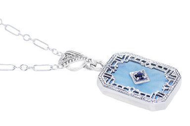Art Deco Filigree Sky Blue Sun Ray Crystal Pendant Necklace with Sapphire and Diamond in Sterling Silver - alternate view