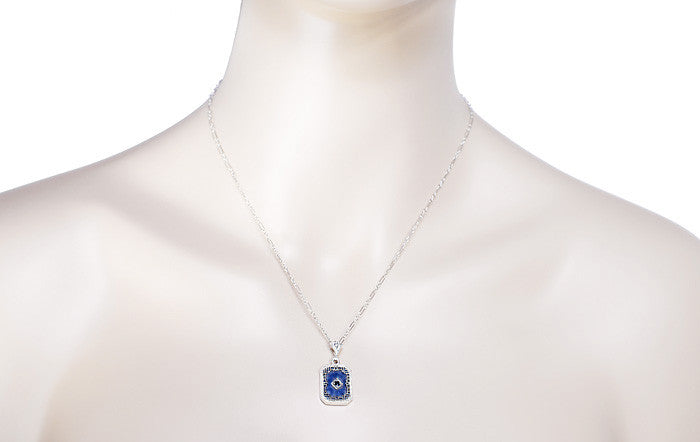 Art Deco Filigree Royal Blue Sun Ray Crystal Pendant Necklace with Sapphire and Diamond in Sterling Silver - Item: N185DB - Image: 3