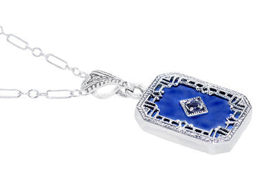 Art Deco Filigree Royal Blue Sun Ray Crystal Pendant Necklace with Sapphire and Diamond in Sterling Silver - alternate view
