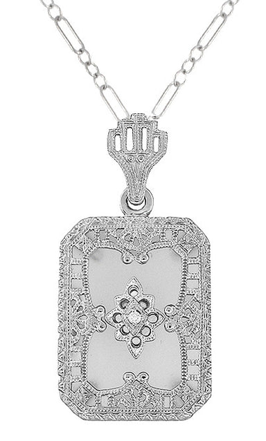 Art Deco Filigree Crystal and Diamond Set Rectangular Pendant Necklace in Sterling Silver