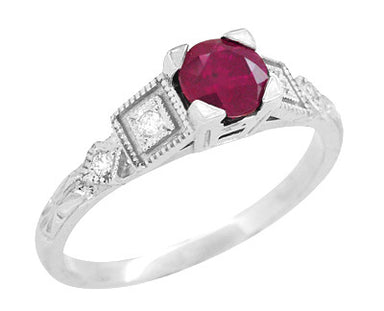 Ruby and Diamond Geometric Art Deco Engagement Ring in 18 Karat White Gold - alternate view