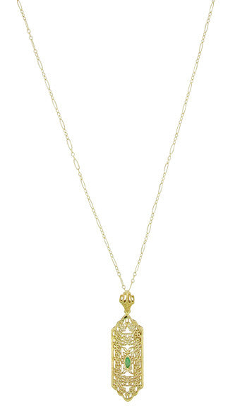 Art Deco Filigree Emerald Lavalier Pendant  Necklace in 14 Karat Yellow Gold - Item: NV208 - Image: 2