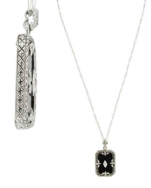 Art Deco Filigree Onyx Pendant Necklace with Diamond in 14 Karat White Gold - Item: NV41 - Image: 2