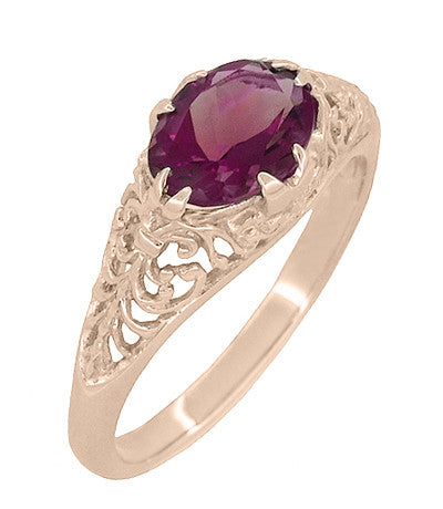 Edwardian Filigree 14 Karat Rose Gold East West Oval Rhodolite Garnet Engagement Ring - Item: R799RRG - Image: 3