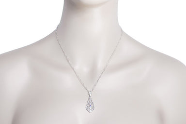 Art Deco Filigree Sapphire Pendant Necklace in 14 Karat White Gold - alternate view