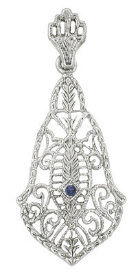 Art Deco Filigree Sapphire Pendant Necklace in 14 Karat White Gold