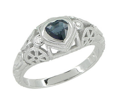 Art Deco Heart Sapphire and Diamond Filigree Ring in 14 Karat White Gold - alternate view