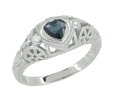 Art Deco Heart Sapphire and Diamond Filigree Ring in 14 Karat White Gold - Item: R1119 - Image: 2
