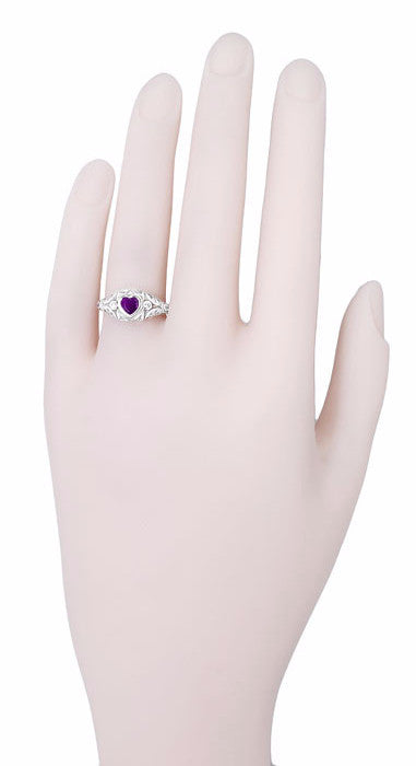 Low Profile Art Deco Heart Shaped Amethyst and Diamond Filigree Engagement Ring in 14 Karat White Gold - Item: R1119A - Image: 6