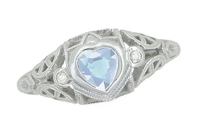 Art Deco Heart Blue Topaz and Diamond Filigree Ring in 14 Karat White Gold | Vintage Inspired - alternate view