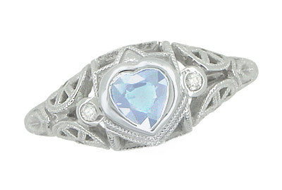 Art Deco Heart Blue Topaz and Diamond Filigree Ring in 14 Karat White Gold | Vintage Inspired - Item: R1119BT - Image: 2