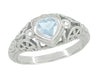Art Deco Heart Blue Topaz and Diamond Filigree Ring in 14 Karat White Gold | Vintage Inspired