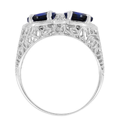 Art Deco Filigree Blue Sapphire Loving Duo Trillion Ring in Sterling Silver - Item: R1123S - Image: 4