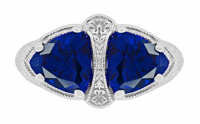 Art Deco Filigree Blue Sapphire Loving Duo Trillion Ring in Sterling Silver - Item: R1123S - Image: 5