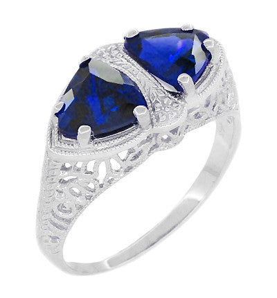 Art Deco Filigree Blue Sapphire Loving Duo Trillion Ring in Sterling Silver - Item: R1123S - Image: 2