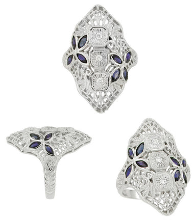 Art Deco Blue Sapphire and Cubic Zirconia Filigree Navette Ring in Sterling Silver - alternate view