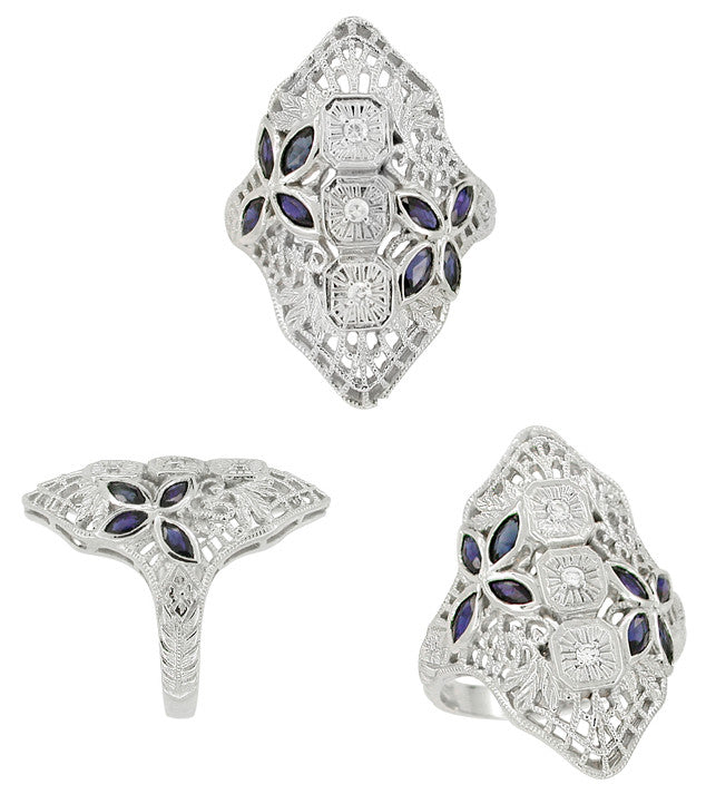 Art Deco Blue Sapphire and Cubic Zirconia Filigree Navette Ring in Sterling Silver - Item: R1124 - Image: 2