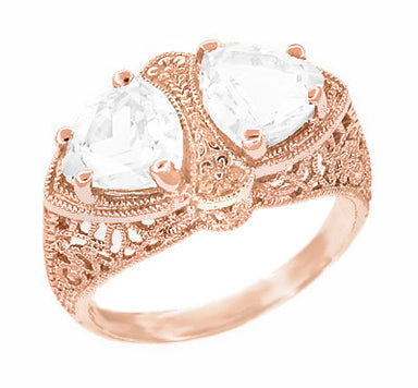 Art Deco 14 Karat Rose Gold Filigree White Topaz Loving Duo Ring