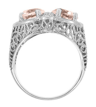 Art Deco Filigree Loving Duo East West Morganite Ring in 14 Karat White Gold - Item: R1129WM - Image: 3