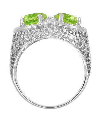 Art Deco Filigree Loving Duo Peridot Ring in 14 Karat White Gold - Item: R1129WPER - Image: 3