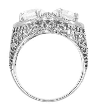 Art Deco Filigree White Topaz Loving Duo Ring in 14 Karat White Gold - Item: R1129WWT - Image: 3