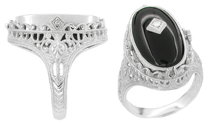Edwardian Filigree Flip Ring with Carnelian Shell Cameo, Black Onyx and Diamonds in 14 Karat White Gold - Item: R1146 - Image: 2