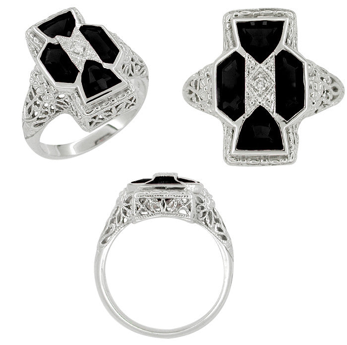 Art Deco Filigree Happy Family 4 Stone Black Onyx and Diamond Filigree Ring in 14 Karat White Gold - Item: R1150on - Image: 2