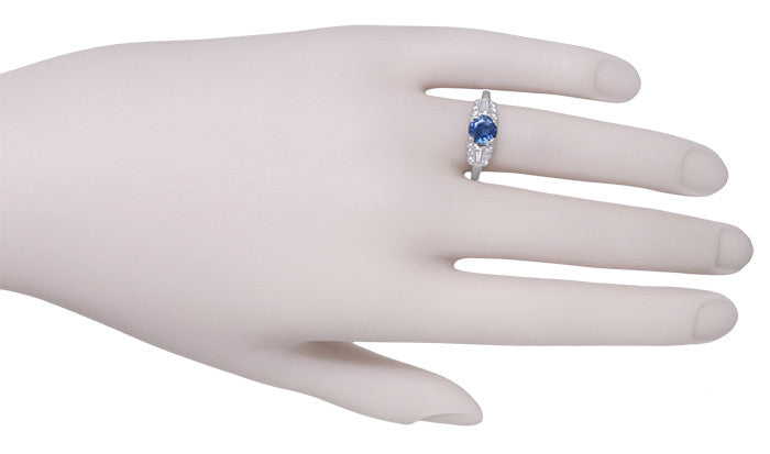 Belden Cornflower Vintage Platinum Sapphire Engagement Ring with Side Baguette Diamonds - Item: R1156 - Image: 5