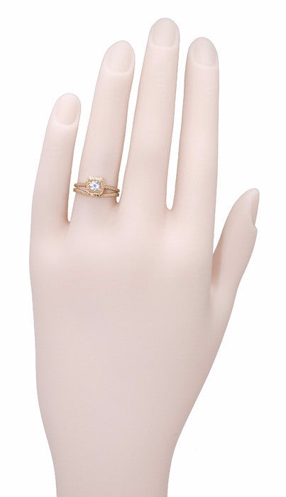 14 Karat Rose Gold Art Deco Engraved Wheat Thin Curved Wedding Ring - Item: R1166R - Image: 3