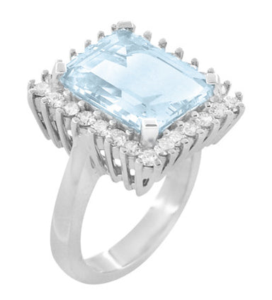 Mid Century Modern Emerald Cut 6.2 Carat Aquamarine Ballerina Ring with Diamonds in 18 Karat White Gold - alternate view
