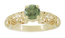Art Deco Charlene Filigree Green Sapphire Engagement Ring in 14 Karat Yellow Gold with Side Diamonds