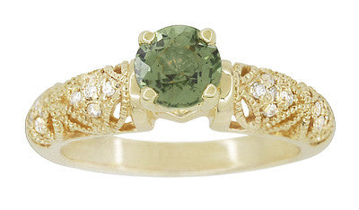 Art Deco Charlene Filigree Green Sapphire Engagement Ring in 14 Karat Yellow Gold with Side Diamonds - Item: R1190YGS - Image: 3