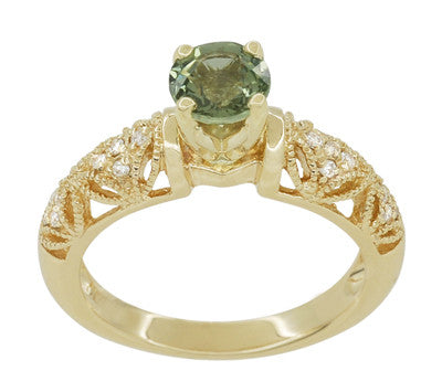 Art Deco Charlene Filigree Green Sapphire Engagement Ring in 14 Karat Yellow Gold with Side Diamonds - Item: R1190YGS - Image: 4