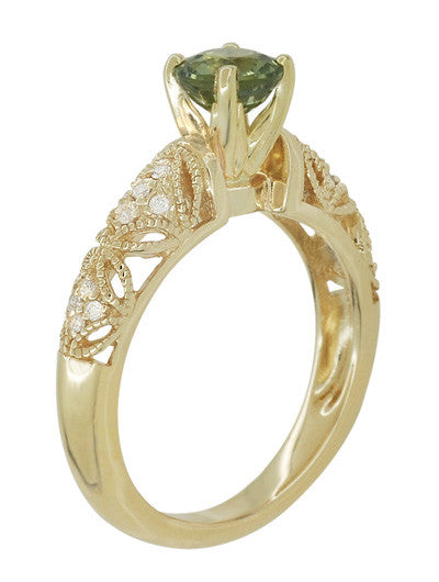 Art Deco Charlene Filigree Green Sapphire Engagement Ring in 14 Karat Yellow Gold with Side Diamonds - Item: R1190YGS - Image: 6