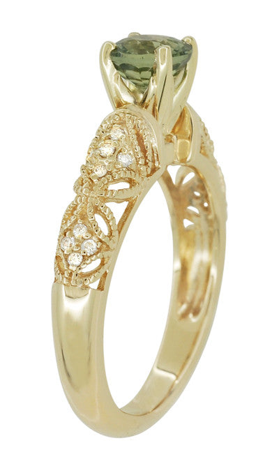Art Deco Charlene Filigree Green Sapphire Engagement Ring in 14 Karat Yellow Gold with Side Diamonds - Item: R1190YGS - Image: 7