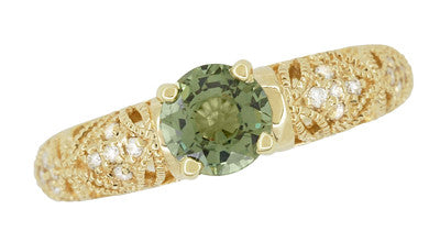 Art Deco Charlene Filigree Green Sapphire Engagement Ring in 14 Karat Yellow Gold with Side Diamonds - Item: R1190YGS - Image: 8