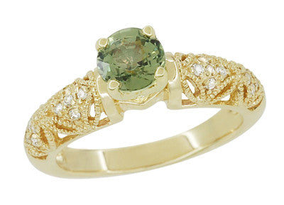 Art Deco Charlene Filigree Green Sapphire Engagement Ring in 14 Karat Yellow Gold with Side Diamonds - Item: R1190YGS - Image: 2