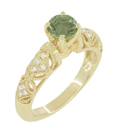 Art Deco Charlene Filigree Green Sapphire Engagement Ring in 14 Karat Yellow Gold with Side Diamonds