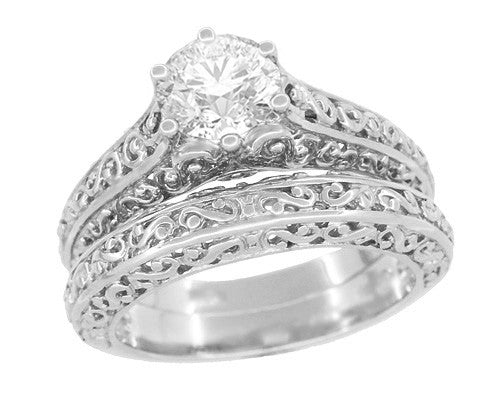 Flowing Scrolls 1/2 Carat Ideal Cut Lab Created Diamond Filigree Edwardian Engagement Ring in 14 Karat White Gold - Item: R1196W50D - Image: 5