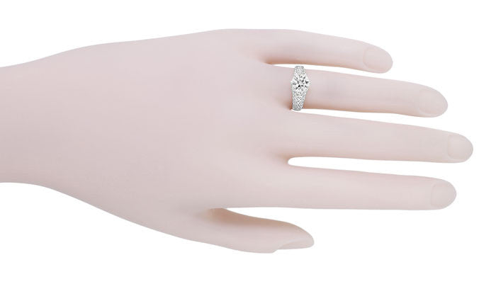 Edwardian Flowing Scrolls 3/4 Carat Diamond Filigree Heirloom Engagement Ring in 14 Karat White Gold - Item: R1196W75D-LC - Image: 4