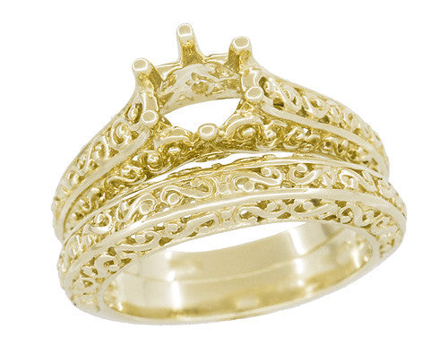 Filigree Flowing Scrolls Engagement Ring Setting for a 1/2 Carat Diamond in 14 Karat Yellow Gold | 5.5mm Round Mount - Item: R1196Y50 - Image: 6