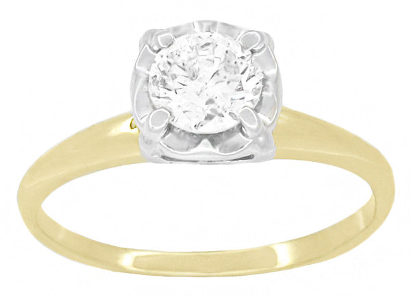 1950's Mixed Metals Illusion Solitaire Vintage Style 0.61 Carat Diamond Engagement Ring in 14 Karat Two Tone Yellow & White Gold - Item: R1200 - Image: 2