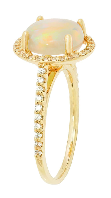 Yellow Gold Cabochon Round Opal Ring with Halo Side Diamonds - 2.60 Carat Opal - Grisey's Ring - alternate view