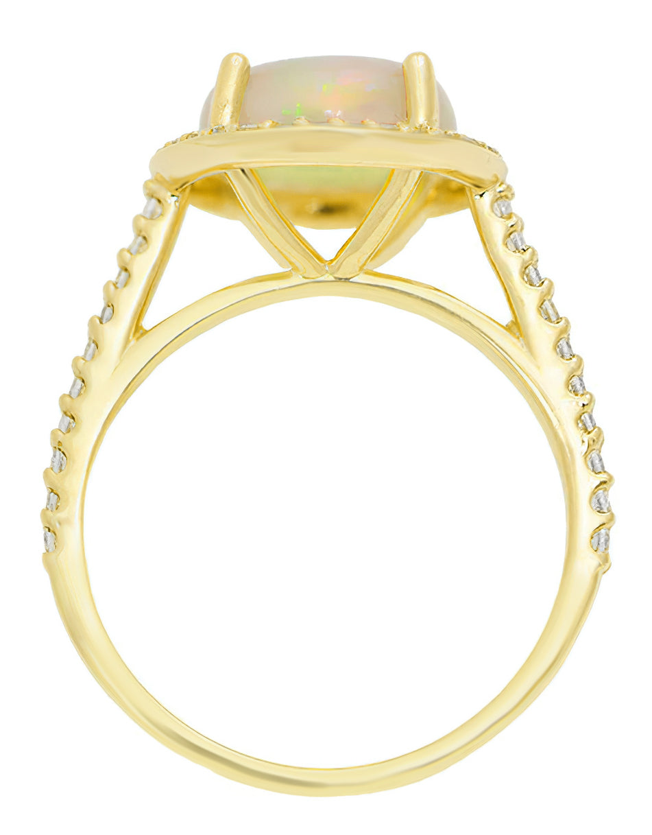 Yellow Gold Cabochon Round Opal Ring with Halo Side Diamonds - 2.60 Carat Opal - Grisey's Ring - Item: R1218Yo - Image: 5