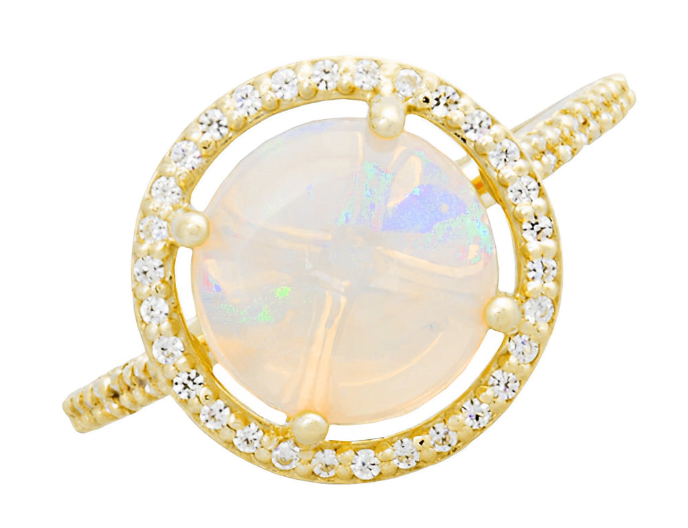 Yellow Gold Cabochon Round Opal Ring with Halo Side Diamonds - 2.60 Carat Opal - Grisey's Ring - Item: R1218Yo - Image: 4