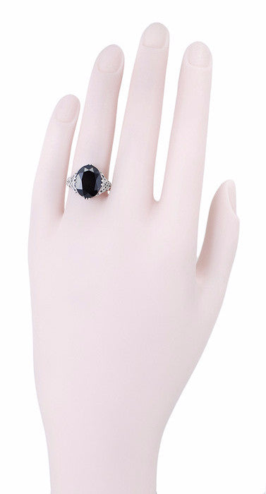 Art Deco Filigree Oval Black Onyx Ring in 14 Karat White Gold - Item: R137ON - Image: 5